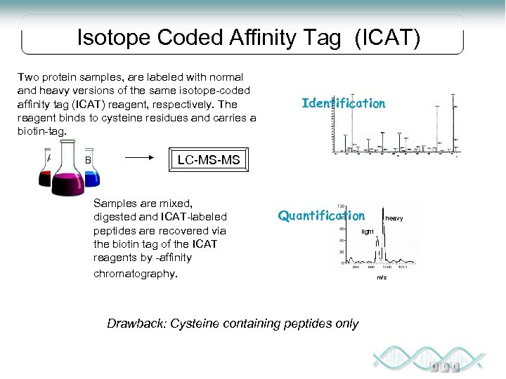 Isotope Coded Affinity Tag (ICAT) Two protein samples, are labeled with normal and heavy