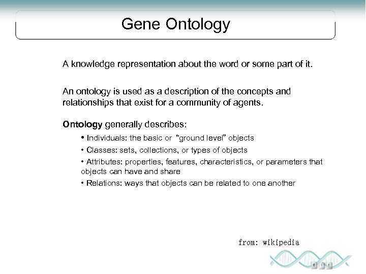 Gene Ontology A knowledge representation about the word or some part of it. An