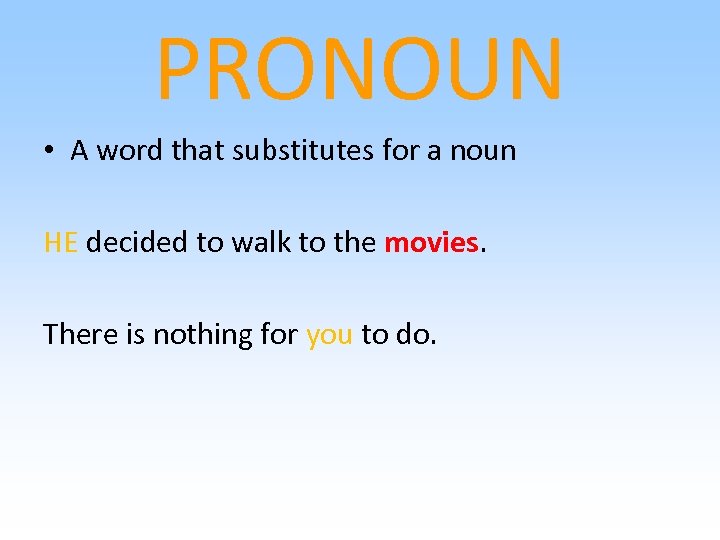 PRONOUN • A word that substitutes for a noun HE decided to walk to