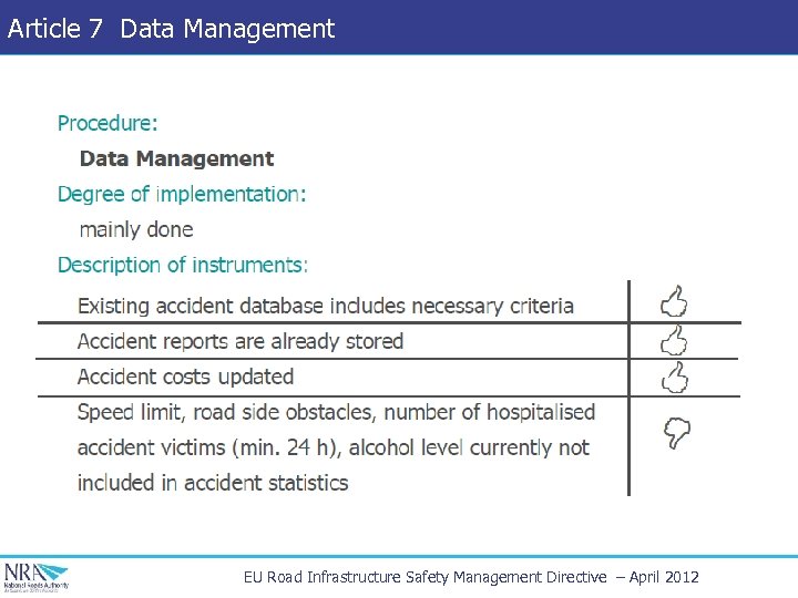 Article 7 Data Management EU Road Infrastructure Safety Management Directive – April 2012 