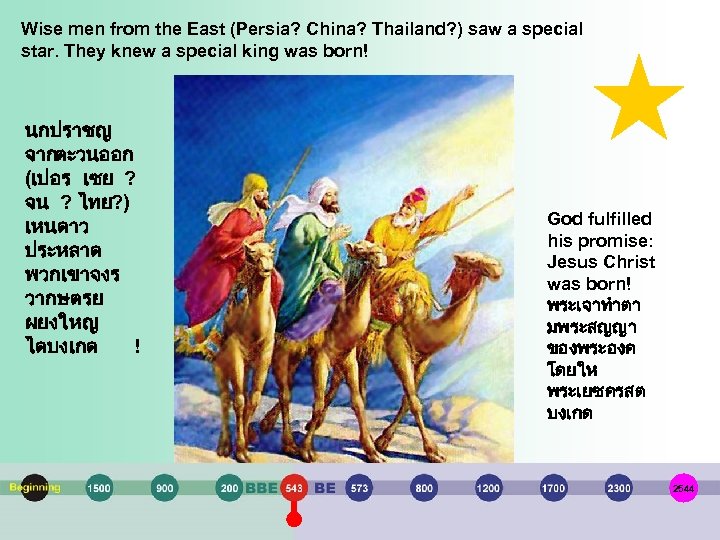 Wise men from the East (Persia? China? Thailand? ) saw a special star. They