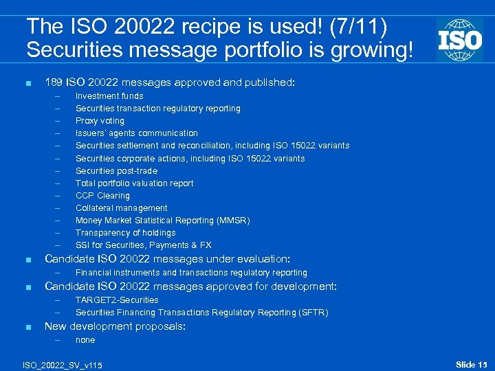 The ISO 20022 recipe is used! (7/11) Securities message portfolio is growing! < 189