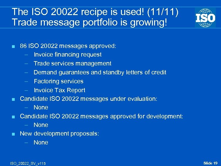 The ISO 20022 recipe is used! (11/11) Trade message portfolio is growing! 86 ISO