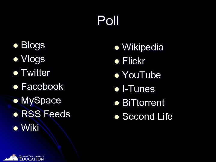 Poll Blogs l Vlogs l Twitter l Facebook l My. Space l RSS Feeds