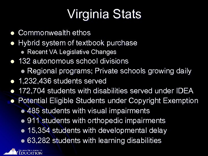 Virginia Stats l l Commonwealth ethos Hybrid system of textbook purchase l l l