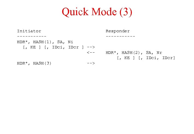 Quick Mode (3) Initiator -----HDR*, HASH(1), SA, Ni [, KE ] [, IDci, IDcr