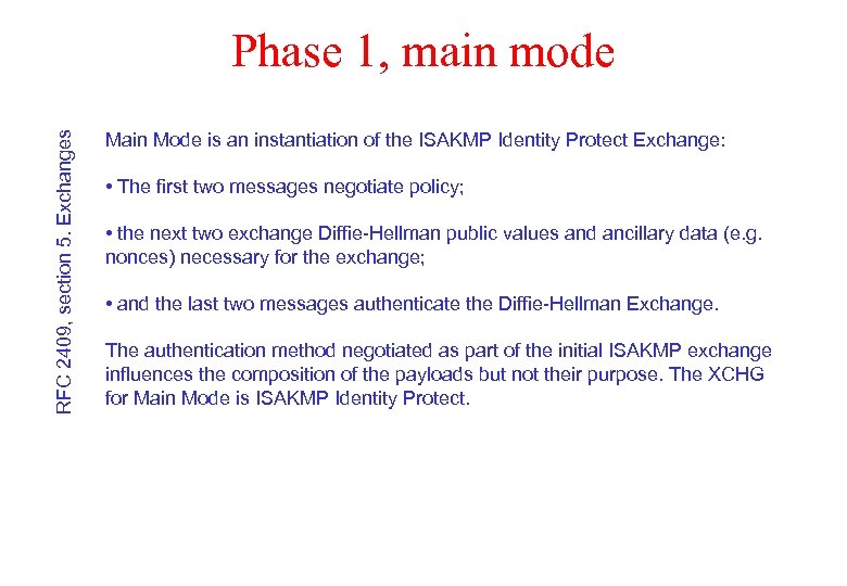 RFC 2409, section 5. Exchanges Phase 1, main mode Main Mode is an instantiation