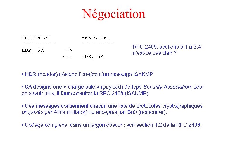 Négociation Initiator -----HDR, SA Responder ------> <-- HDR, SA RFC 2409, sections 5. 1