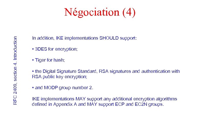 RFC 2409, section 4. Introduction Négociation (4) In addition, IKE implementations SHOULD support: •