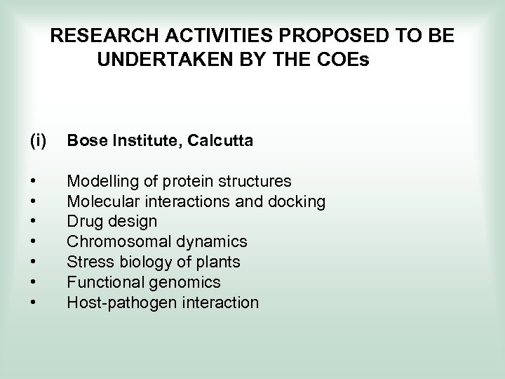 RESEARCH ACTIVITIES PROPOSED TO BE UNDERTAKEN BY THE COEs (i) Bose Institute, Calcutta •