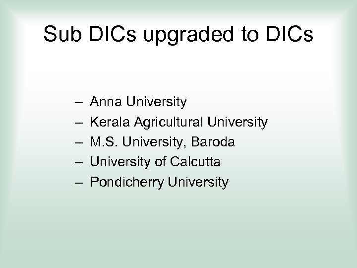 Sub DICs upgraded to DICs – – – Anna University Kerala Agricultural University M.