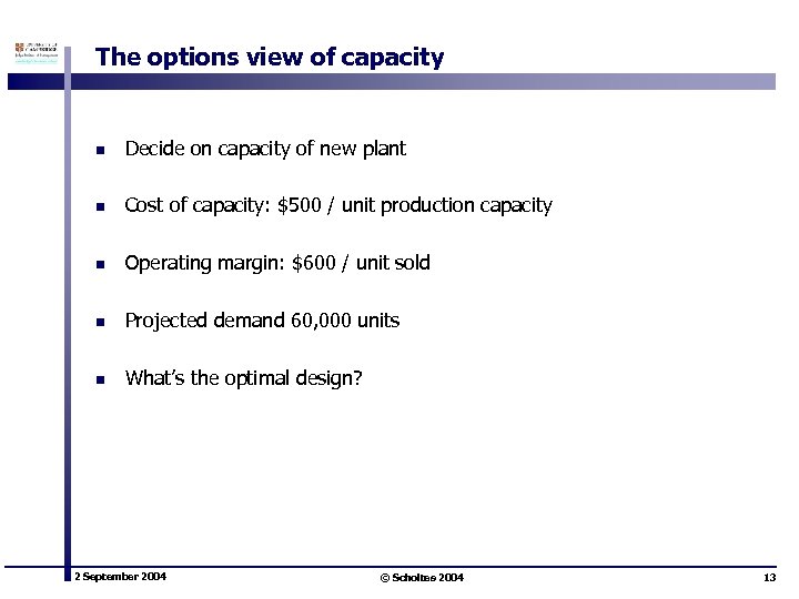 The options view of capacity n Decide on capacity of new plant n Cost