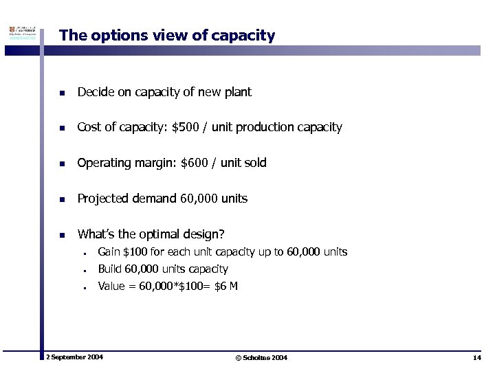 The options view of capacity n Decide on capacity of new plant n Cost