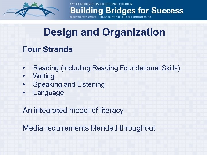 Design and Organization Four Strands • • Reading (including Reading Foundational Skills) Writing Speaking