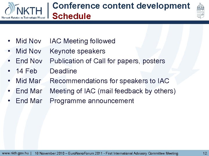 Conference content development Schedule • • Mid Nov End Nov 14 Feb Mid Mar