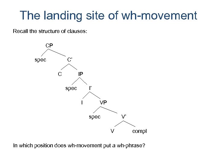 The landing site of wh-movement Recall the structure of clauses: CP spec C’ C