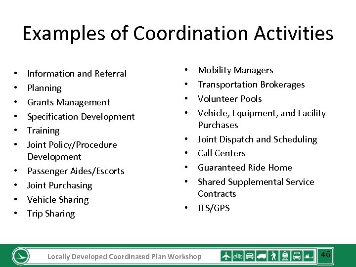 Examples of Coordination Activities • • • Information and Referral Planning Grants Management Specification