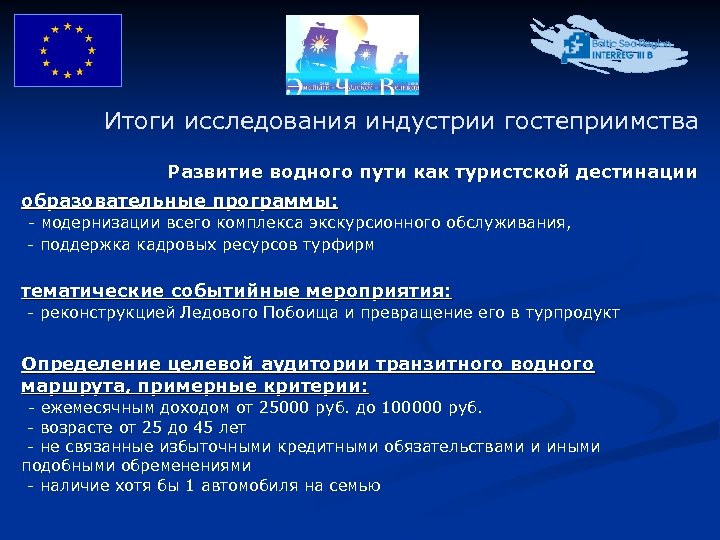 Итоги исследования индустрии гостеприимства Развитие водного пути как туристской дестинации образовательные программы: - модернизации