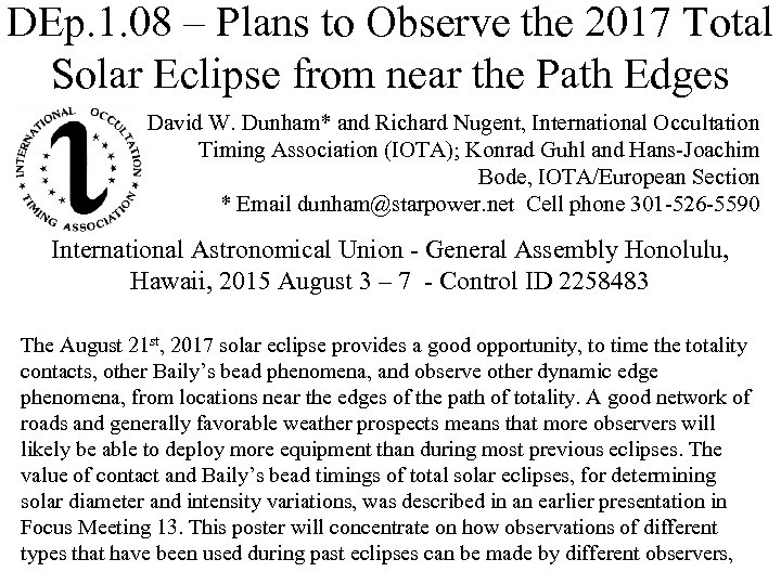DEp. 1. 08 – Plans to Observe the 2017 Total Solar Eclipse from near
