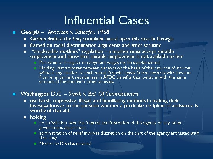 Influential Cases n Georgia – Anderson v. Schaefer, 1968 n n n Garbus drafted