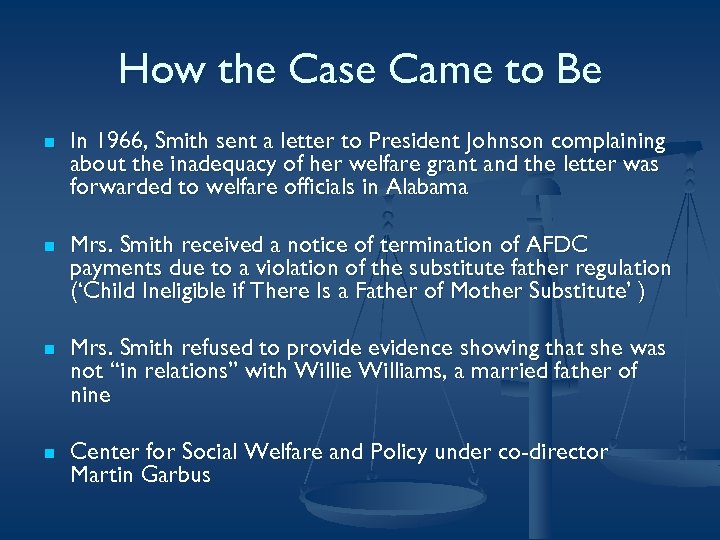 How the Case Came to Be n In 1966, Smith sent a letter to