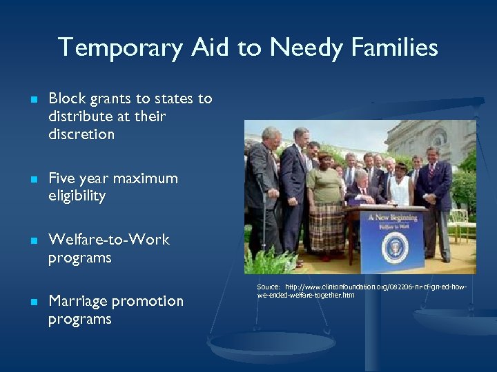 Temporary Aid to Needy Families n Block grants to states to distribute at their