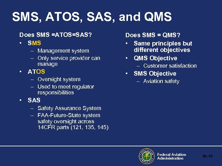 SMS, ATOS, SAS, and QMS Does SMS =ATOS=SAS? • SMS – Management system –