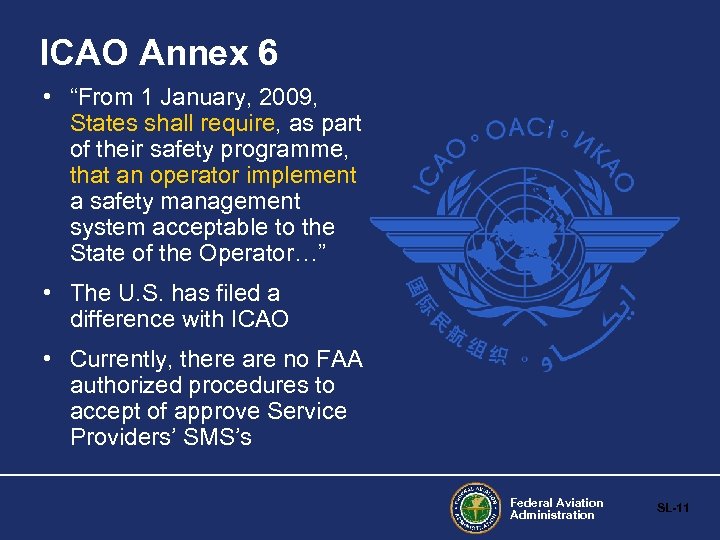 ICAO Annex 6 • “From 1 January, 2009, States shall require, as part of