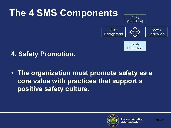 The 4 SMS Components Policy (Structure) Risk Management Safety Assurance Safety Promotion 4. Safety