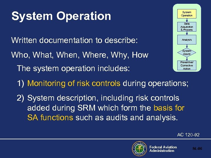 System Operation Data Acquisition & Process Written documentation to describe: Analysis System Assmt Who,