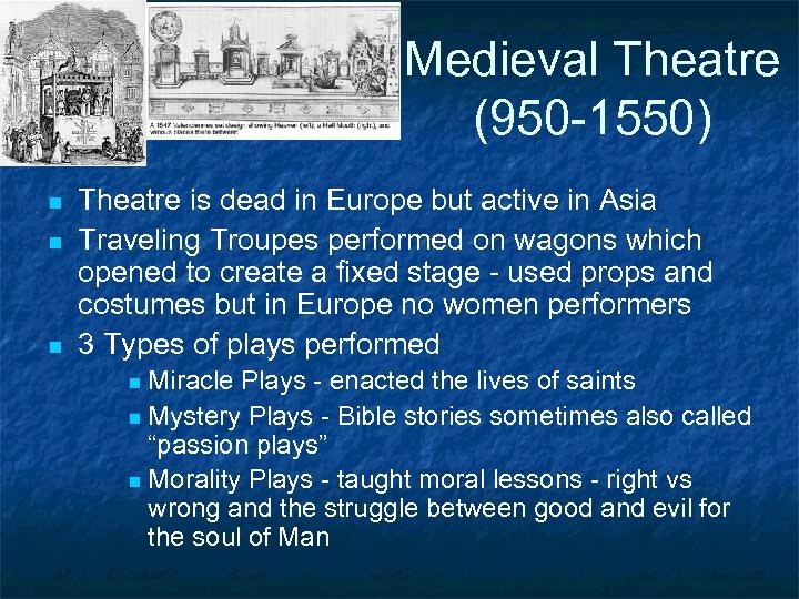 Medieval Theatre (950 -1550) n n n Theatre is dead in Europe but active
