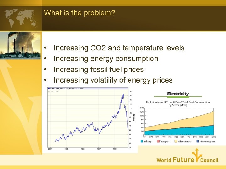 What is the problem? • • Increasing CO 2 and temperature levels Increasing energy
