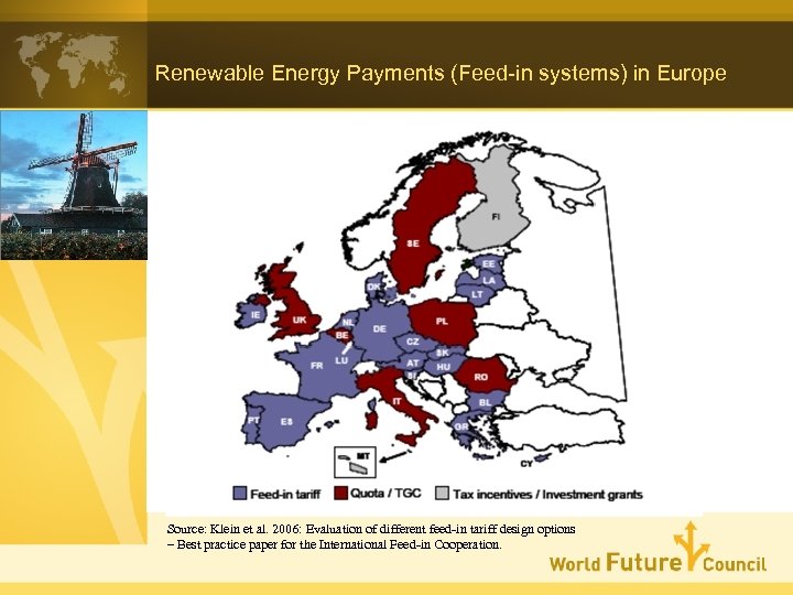Renewable Energy Payments (Feed-in systems) in Europe Source: Klein et al. 2006: Evaluation of