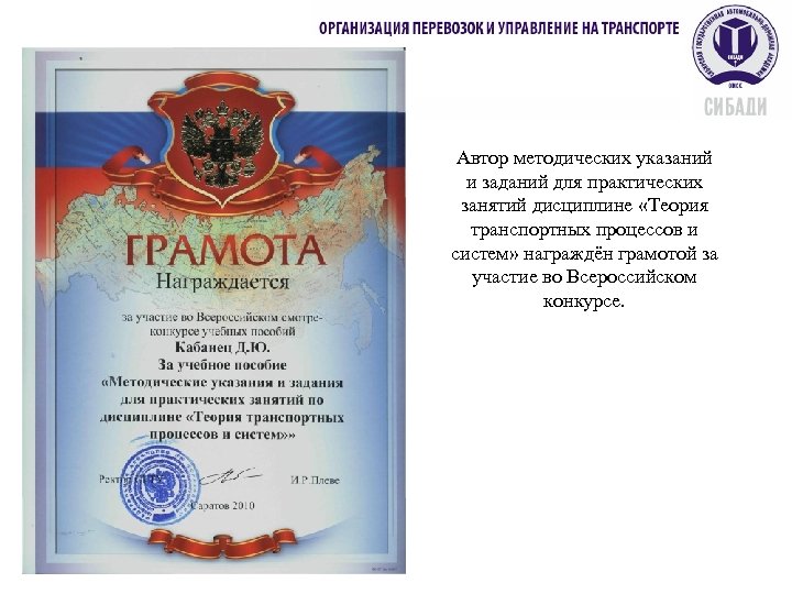 Автор методических указаний и заданий для практических занятий дисциплине «Теория транспортных процессов и систем»