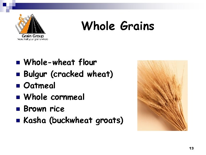 Whole Grains n n n Whole-wheat flour Bulgur (cracked wheat) Oatmeal Whole cornmeal Brown