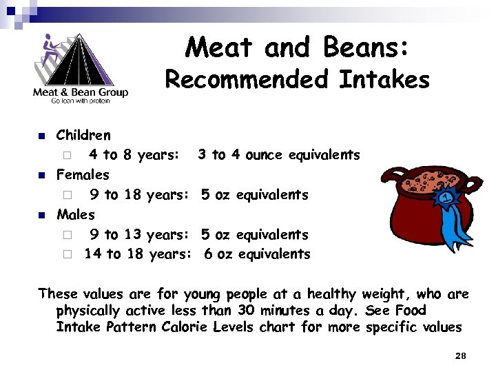 Meat and Beans: Recommended Intakes n n n Children ¨ 4 to 8 years: