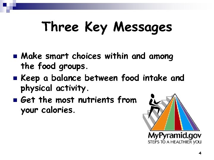 Three Key Messages n n n Make smart choices within and among the food