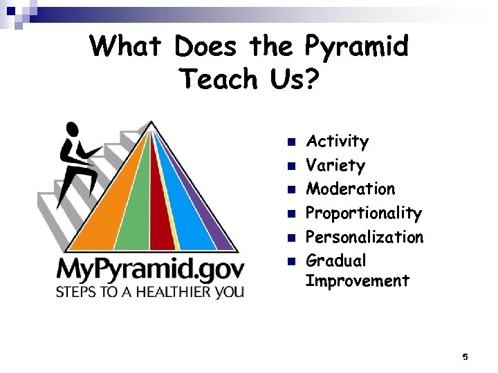 What Does the Pyramid Teach Us? n n n Activity Variety Moderation Proportionality Personalization