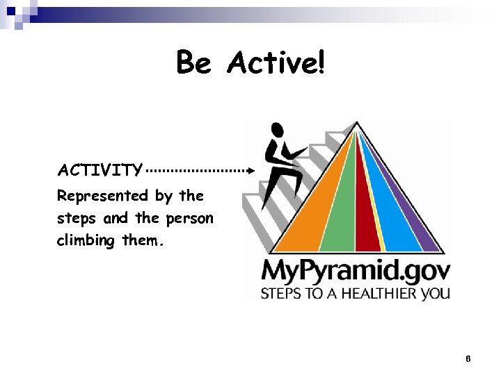 Be Active! ACTIVITY Represented by the steps and the person climbing them. 6 