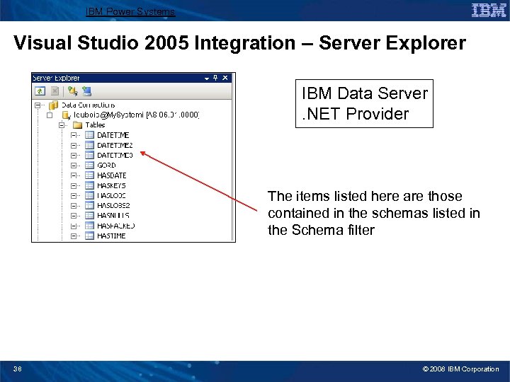 IBM Power Systems Visual Studio 2005 Integration – Server Explorer IBM Data Server. NET