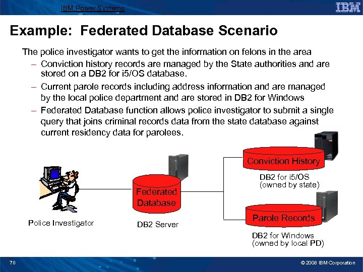 IBM Power Systems Example: Federated Database Scenario The police investigator wants to get the