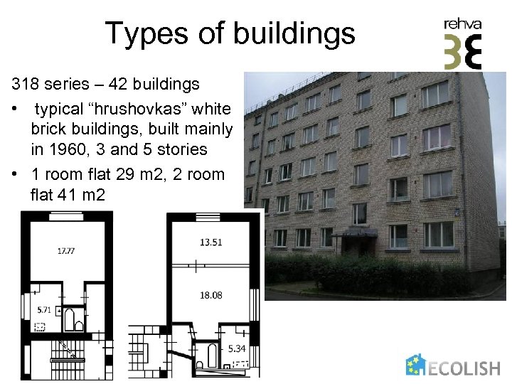 Types of buildings 318 series – 42 buildings • typical “hrushovkas” white brick buildings,