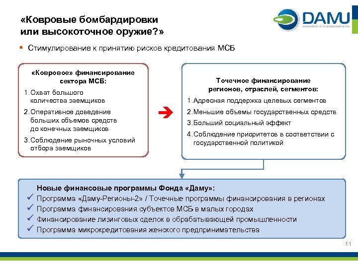  «Ковровые бомбардировки или высокоточное оружие? » § Стимулирование к принятию рисков кредитования МСБ