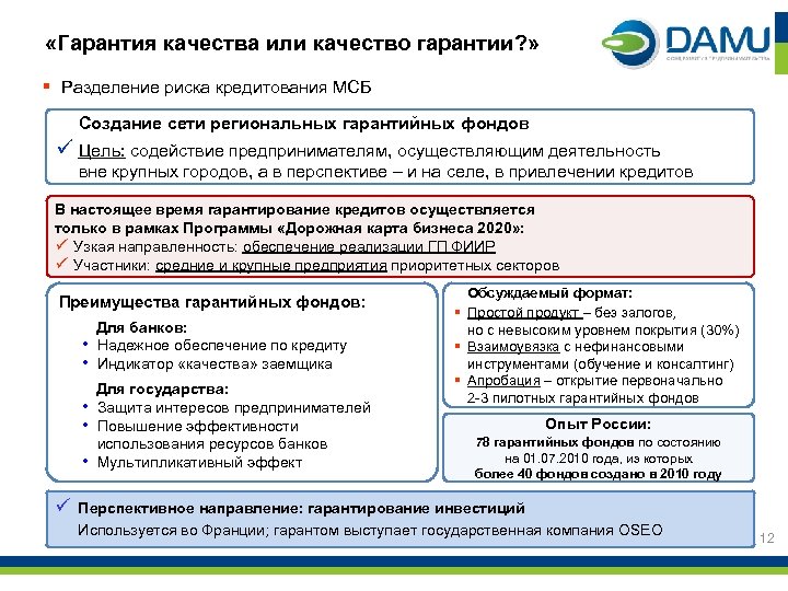  «Гарантия качества или качество гарантии? » § Разделение риска кредитования МСБ Создание сети