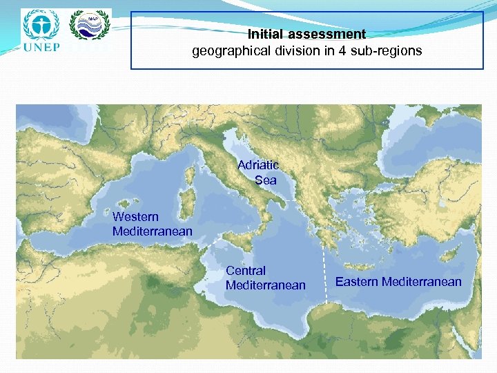 Initial assessment geographical division in 4 sub-regions Adriatic Sea Western Mediterranean Central Mediterranean Eastern