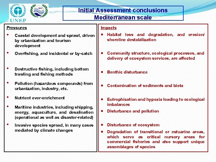 Initial Assessment conclusions Mediterranean scale Pressures Impacts • Coastal development and sprawl, driven by