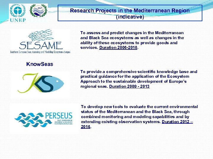 Research Projects in the Mediterranean Region (indicative) To assess and predict changes in the