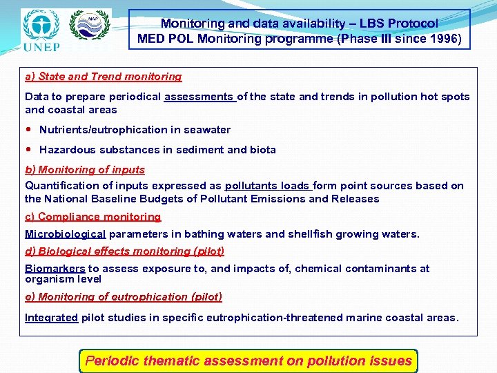 Monitoring and data availability – LBS Protocol MED POL Monitoring programme (Phase III since