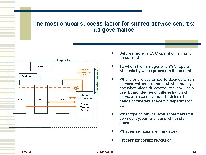 The most critical success factor for shared service centres: its governance w Before making