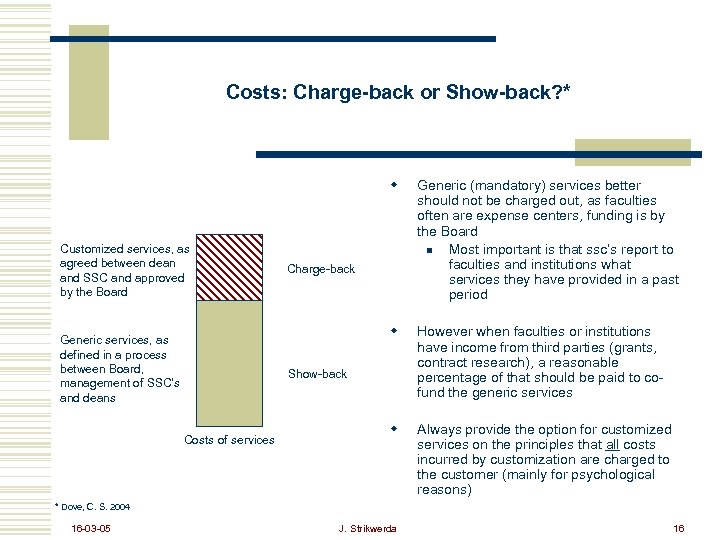 Costs: Charge-back or Show-back? * w w Customized services, as agreed between dean and